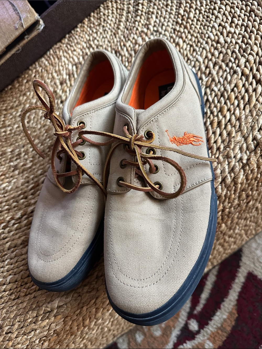 Polo by Ralph Lauren Men’s Beige Canvas Boat Shoes with Orange Logo size 10.5